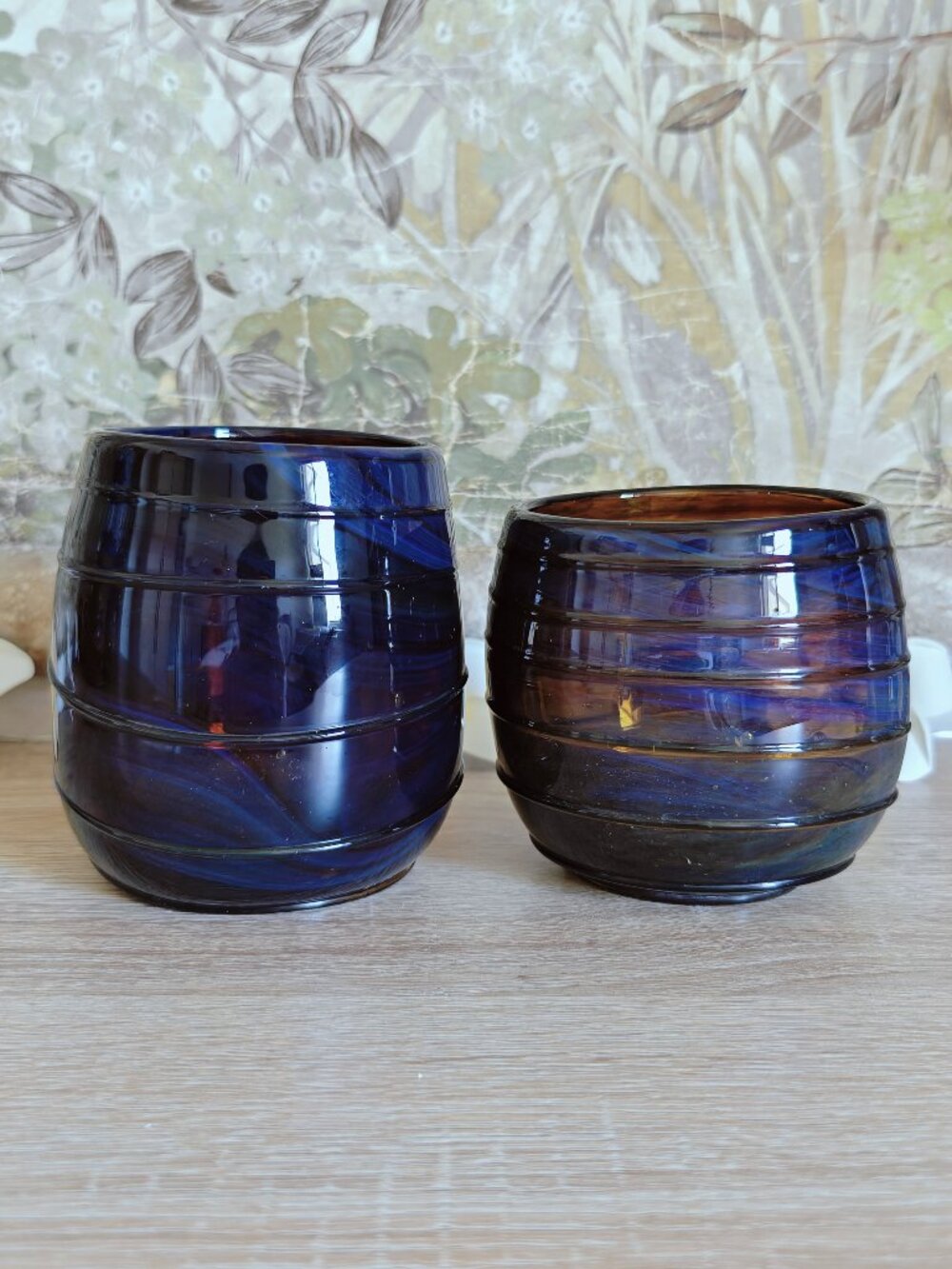 Vintage Signed Hand Blown Amethyst Amber Ribbed Art Glass Tumblers Set of 2